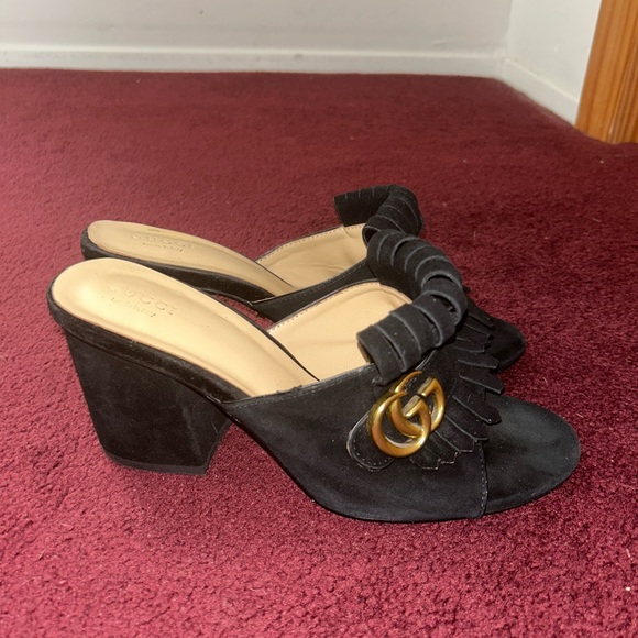 Gucci Double G Logo Black Suede Mules Authentic - Picture 1 of 6